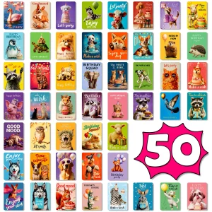 50Pcs Birthday Greeting Text Cards Funny Cute Animal Message Cards Handwritten Note Cards for Birthday Party Gift Supplies